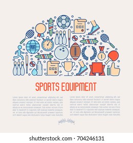 Sport equipment concept in half circle with thin line sport and winning games icons. Vector illustration for banner, web page, print media.
