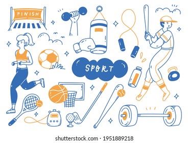 sport equipment in doodle line art vector illustration