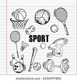 Sport equipment doodle set, hand drawn vector illustration, sketch on white paper background