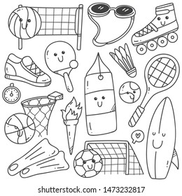 sport equipment doodles in kawaii line art style