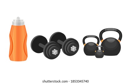 Sport Equipment with Dumbbell and Water Bottle Vector Set