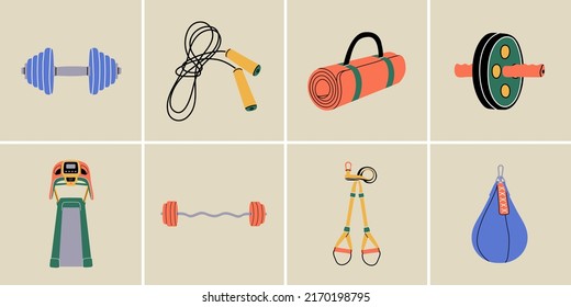 Los equipamientos deportivos son de estilo moderno y plano. Inventario de fitness a mano, ilustraciones vectoriales de accesorios de gimnasio. Estilo de vida saludable. Timbre, barbero, bolsa de punzonaje, alfombra de yoga, cuerda de saltar.