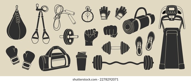 Sport equipment elements in modern flat line style. Hand drawn fitness inventory, gym accessories vector illustrations. Healthy lifestyle. Dumbbell, sport bag, barbell, fist, shoes, boxing gloves.