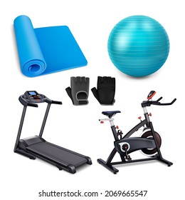 Sport Equipment For Exercising In Gym Set Vector. Fitness Mat And Pilates Ball, Gloves Athlete Sportswear, Treadmill And Exercise Bike Sport Tools. Training Tools Template Realistic 3d Illustrations