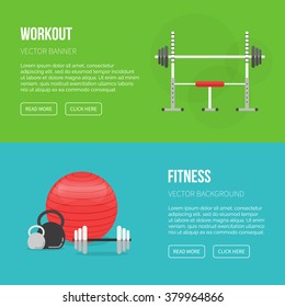 Sport equipment flat banner template. Gym and Fitness Club. Gym training, bodybuilding, healthy and active lifestyle, fitness elements. Fitness gym sport club vector flyer. Athlete and sport tools. 