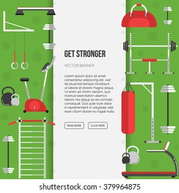 Sport equipment flat banner template. Gym training, bodybuilding, healthy and active lifestyle, fitness elements. Fitness gym sport club vector flyer. Athlete and sport tools. Bicycle, ladder, fitball