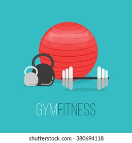 Sport equipment flat banner template. Gym training, bodybuilding, healthy and active lifestyle, fitness elements. Fitness gym club vector flyer. Athlete tools. Sport logo