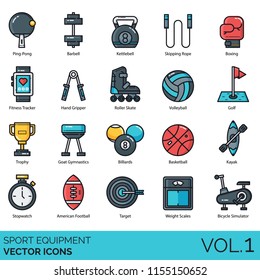 Sport equipment flat icon set. Ping-pong, barbell, kettlebell, skipping rope, boxing, fitness tracker, hand gripper, roller skate, volleyball, golf, trophy, goat gymnastic, billiards, kayak, stopwatch