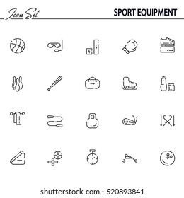 Sport equipment flat icon set. Collection of high quality outline symbols of fitness equipment for web design, mobile app. Vector thin line icons or logo of ball, mask, bandage, bag, stepper, etc.