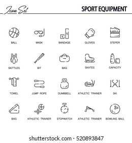 Sport equipment flat icon set. Collection of high quality outline symbols of fitness equipment for web design, mobile app. Vector thin line icons or logo of ball, mask, bandage, bag, stepper, etc.