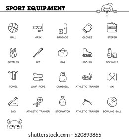 Sport equipment flat icon set. Collection of high quality outline symbols of fitness equipment for web design, mobile app. Vector thin line icons or logo of ball, mask, bandage, bag, stepper, etc.