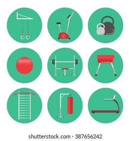 Sport equipment flat icons isolated on white. Gym training, bodybuilding and active lifestyle, fitness equipment. Fitness gym club vector.  Athlete Sport equipment icons isolated.
