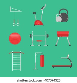 Sport equipment flat icons isolated. Gym training, bodybuilding and active lifestyle, fitness equipment. Fitness gym sport club vector icons. 