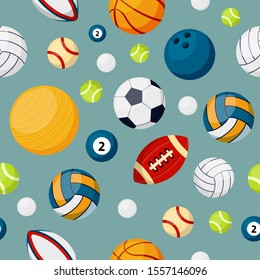 Sport equipment flat vector colorful seamless pattern. Soccer, football and tennis balls. Billiards, volleyball and bowling accoutrement on blue background. Round shape sport accessories