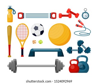 Equipo deportivo conjunto de ilustraciones vectoriales planas. Gimnasio y pelotas de fútbol, cronómetro, accesorios para la construcción del cuerpo, paquete de artículos de gimnasio. Bate de béisbol, raqueta de tenis, botella de agua y campanas de púas