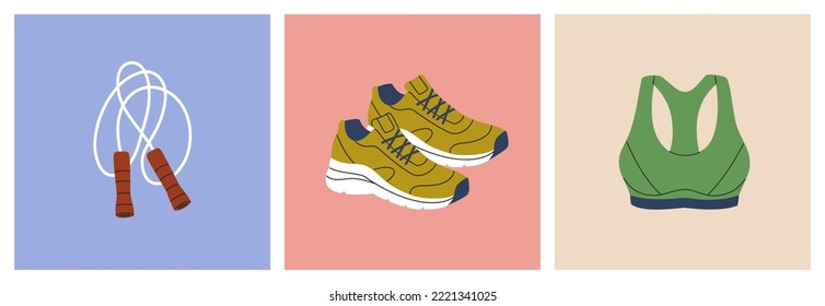 Sport equipment. Footwear, sportswear and jump rope. Clothes and inventory for activity trainings. Healthy lifestyle. Hand drawn vector illustration isolated on color background. Flat cartoon style.