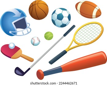 Sport equipment, gear, items clothes graphic set.
