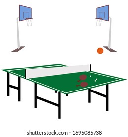 Sport equipment, green table tennis, basketball court and ball. Vector isolated painting art