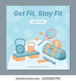 Sport equipment and gym accessories shown in flat style. Fitness items like kettlebell and racket highlight dynamic workout gear. Banner design for health training lifestyle concepts.