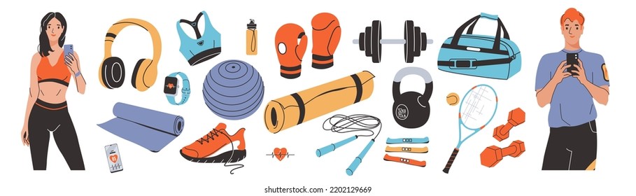 Equipamiento deportivo, colección de accesorios de gimnasia, hombre atlético, mujer tomando un seifie. Timbre, balón de fitness, guantes de boxeo, alfombra de yoga, bolso, ropa deportiva para entrenamiento. Elementos de entrenamiento de estilo moderno y plano.