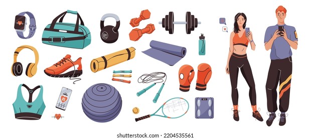 conjunto de accesorios deportivos para el concepto de fitness con equipo de  ejercicio sobre fondo de madera gris. 13854122 Foto de stock en Vecteezy