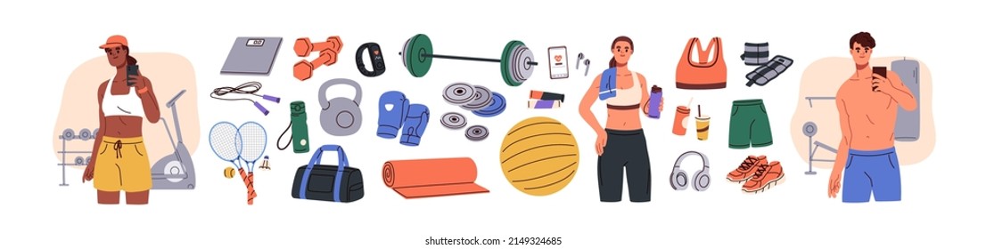 Sport equipment, gym accessory, people athlete set. Dumbbell, barbell, fitness ball, yoga mat, bag, sportswear for training. Workout stuff bundle. Flat vector illustration isolated on white background - Shutterstock ID 2149324685