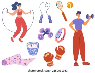 Sport equipment, gym accessory, people athlete set. Tennis racket, boxing gloves, dumbbells and jump rope, yoga mat, Workout stuff bundle. Flat vector illustration isolated on white background