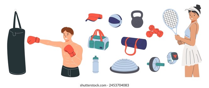 Sport equipment, gym accessory, people athlete set. Dumbbell, barbell, fitness ball, yoga mat, bag, sportswear for training. Workout stuff bundle. Flat vector illustration isolated on white background