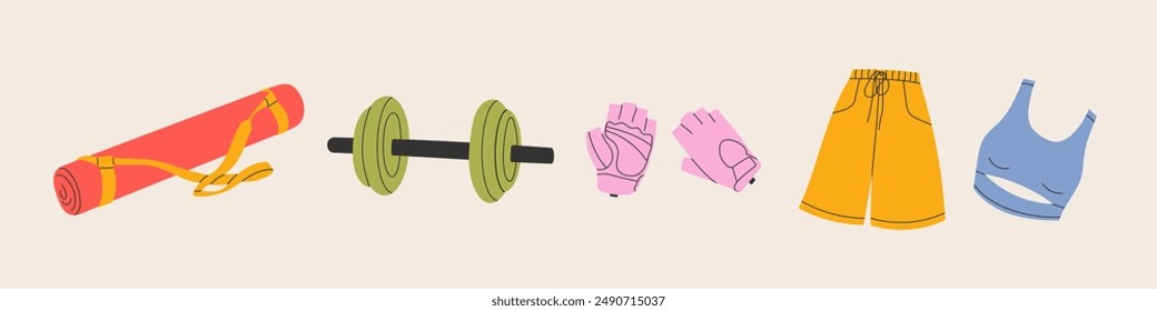 Sport equipment, gym accessory, people athlete set. Dumbbell, barbell, sports gloves, yoga mat, sportswear for training. Workout stuff bundle. Flat vector illustration