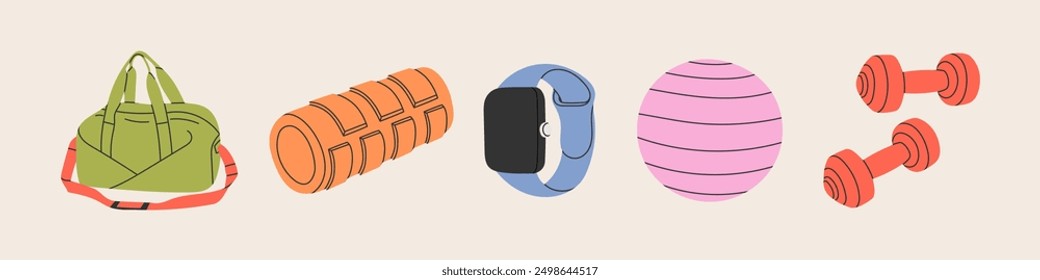 Sportausrüstung, Fitnesszubehör, Volksportler-Set. Tasche, Rolle, Uhr, Tracker, Ball, Hanteln. Workout-Paket. Flache Vektorgrafik