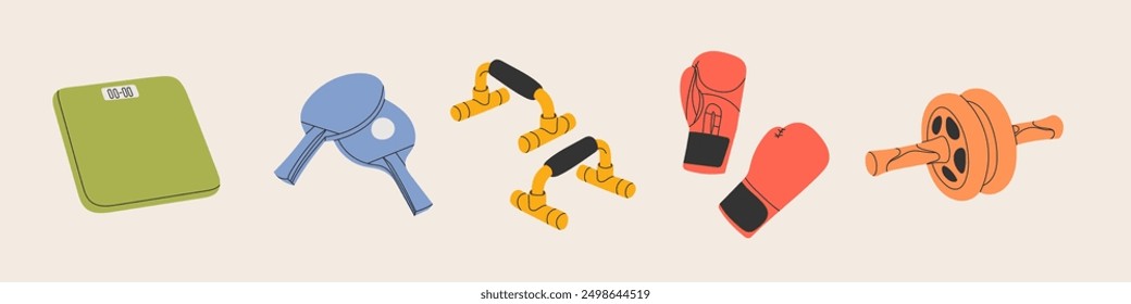 Equipo deportivo, accesorio de gimnasio, juego de atletas de personas. Balanzas, raquetas, tenis, guantes de boxeo, rodillo, prensa,. Paquete de cosas de entrenamiento. Ilustración vectorial plana