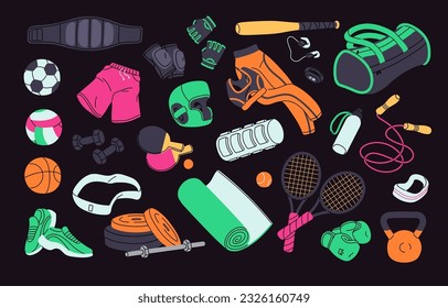 Equipo deportivo, gimnasio y accesorios de fitness. Algo práctico. Bolsa, bolas, raquetas, panecillos, estera de ejercicio, zapatillas de deporte, cuerda de salto y ropa. Isolación de ilustraciones de vectores gráficos planos