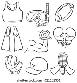 Sport equipment hand draw doodles