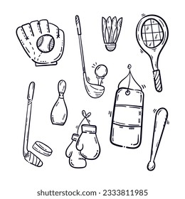 Sport equipment hand drawn icons. Baseball, hockey stick, golf, boxing gloves, shuttlecock badminton, bowling, racket doodle cartoon vector illustration
