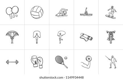 Sport and equipment hand drawn outline doodle icon set. Outline doodle icon set for print, web, mobile and infographics. Gym equipment vector sketch illustration set isolated on white background.