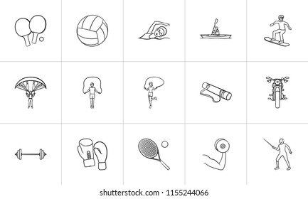 Sport and equipment hand drawn outline doodle icon set. Outline doodle icon set for print, web, mobile and infographics. Fitness and gym vector sketch illustration set isolated on white background.