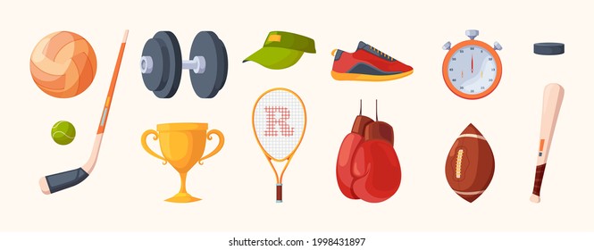 Equipamiento deportivo. Elementos saludables de estilo de vida activo gimnasio y gimnasio bolas de bolas y dumbombos de club para ejercicios garish vectoriales ilustraciones planas conjunto