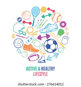 Sport Equipment, Healthy Lifestyle Pattern, Label Template