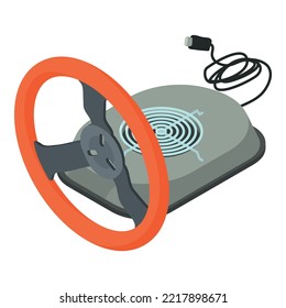 Icono de equipo deportivo vector isométrico. Rueda de la dirección y secador de casco alimentado. Concepto de deporte y esparcimiento activo