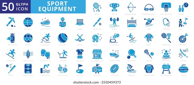 Conjunto de iconos de equipos deportivos con golf, fútbol, baloncesto, trofeo, cricket, bolos, esquí, medalla, voleibol, barra, gimnasia, monopatín, kayak, karate, bádminton, raqueta, cinta de correr y boxeo