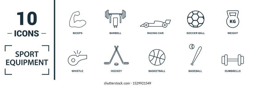 Sport Equipment icon set. Include creative elements dumbbells, soccer ball, baseball, hockey, exercise bike icons. Can be used for report, presentation, diagram, web design.