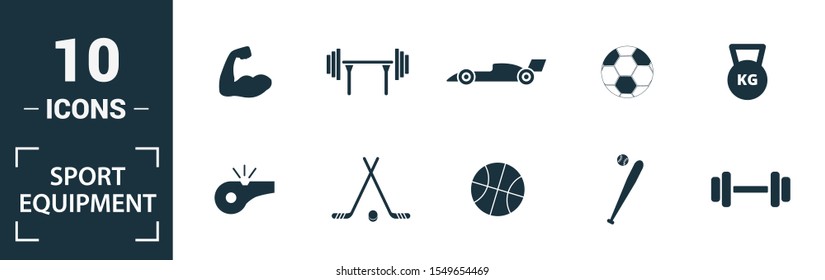 Sport Equipment icon set. Include creative elements dumbbells, soccer ball, baseball, hockey, exercise bike icons. Can be used for report, presentation, diagram, web design.