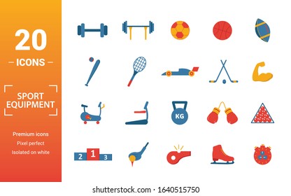 Sport Equipment icon set. Include creative elements dumbbells, soccer ball, baseball, hockey, exercise bike icons. Can be used for report, presentation, diagram, web design.