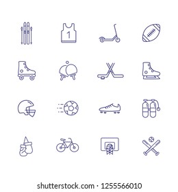 Sport equipment icon set. Set of line icons on white background. Sport concept. T-shirt, rugby, bicycle. Vector illustration can be used for topics like hockey, football, sport