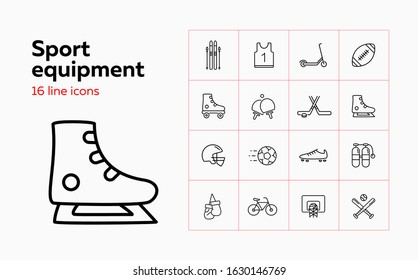 Sport equipment icon set. Set of line icons on white background. Sport concept. T-shirt, rugby, bicycle. Vector illustration can be used for topics like hockey, football, sport