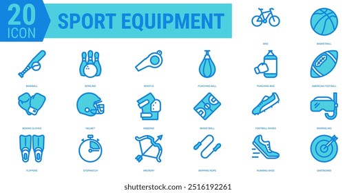 SPORT EQUIPMENT ICON SET LINEAL BLUE GRAPHIC ILLUSTRATION