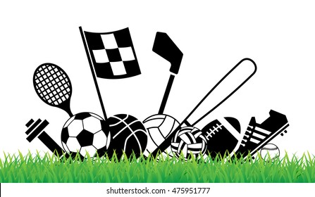 sport equipment icon set on green grass