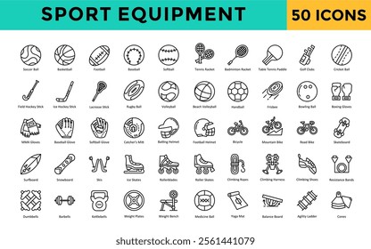 Sport equipment icon set with soccer ball, basketball, football, baseball, softball, tennis racket, badminton racket, table tennis paddle, golf clubs, cricket ball icon. Simple line vector 
