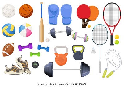 Sport equipment. Icons with balls, boxing gloves, tennis rackets, baseball bat, barbell and dumbbells. Accessories for fitness and workout. Cartoon vector illustration set isolated on background