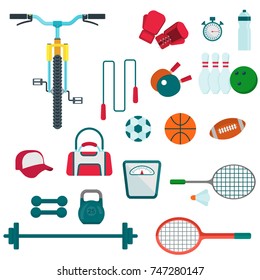 Sport equipment icons For fitness, active lifestyle, exercise and training. Flat vector cartoon illustration. Objects isolated on white background.